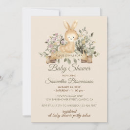Cream Bunny Rabbit Botanical Floral Baby Shower Inbjudningar