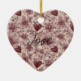 Cream Burgundy Red Hearts Flowers Julgransprydnad Keramik