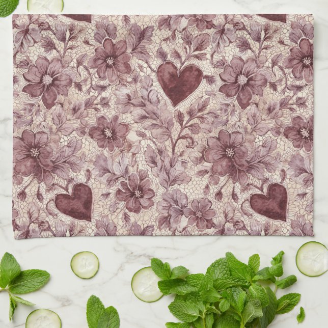 Cream Burgundy Red Hearts Flowers Kökshandduk (Vikta)