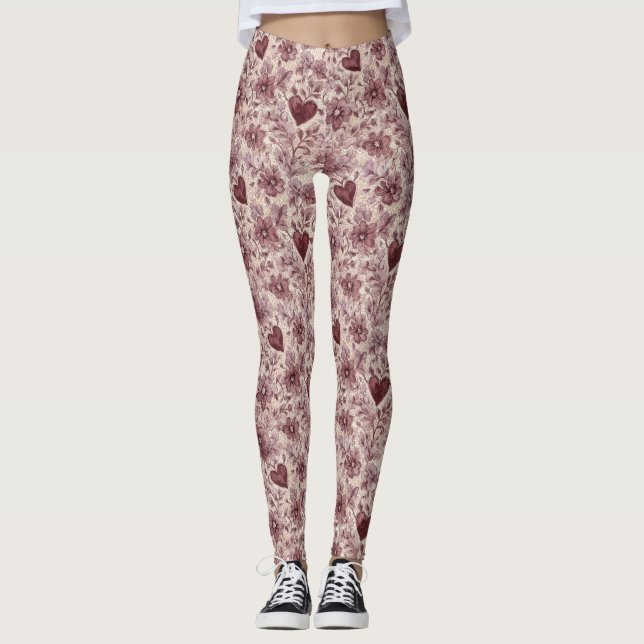 Cream Burgundy Red Hearts Flowers Leggings (Framsida)