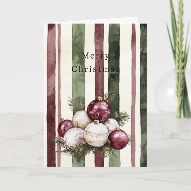 Cream Burgundy Red Stripes Christmas Ornaments Kort (Framsida)
