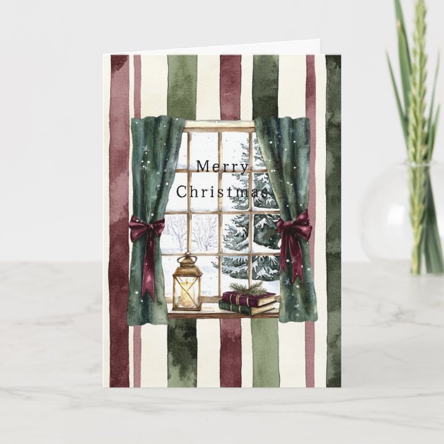 Cream Burgundy Red Stripes Window Tree Christmas Kort (Framsida)