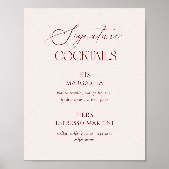 Cream & Burgundy Wedding Signature Cocktails Poster (Framsidan)