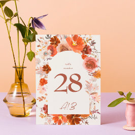 Cream Burnt Orange Blommigt Botanical Arch Bröllop Bordsnummer
