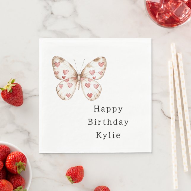 Cream Butterfly Hearts Birthday Pappersservett (Insitu)