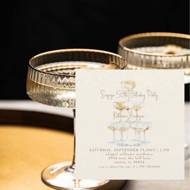 Cream Champagne Square Surprise 50th Birthday Inbjudningar (Skapare uppladdad)