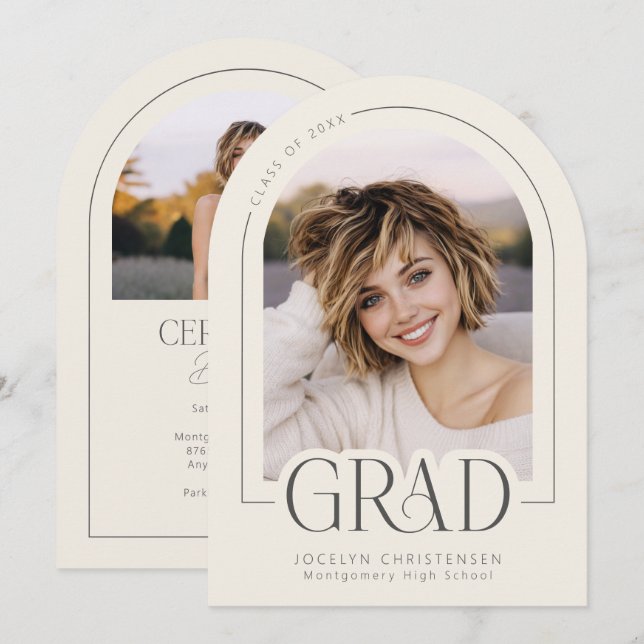 Cream Charcoal Modern Grad Photo Announcement Inbjudningar (Fram/baksida)