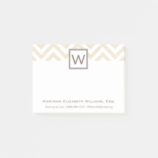 Cream Chevron Executive Namn & Monogram Post-it Block (Framsida)