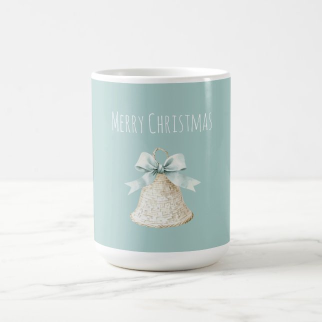Cream Christmas Bell Pretty Blue Bow Kaffemugg (Center)