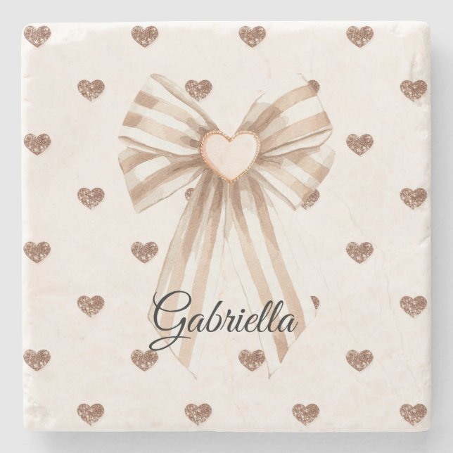 Cream Cocoa Bow Blush Pink Glitter Hearts Stenunderlägg (Framsidan)