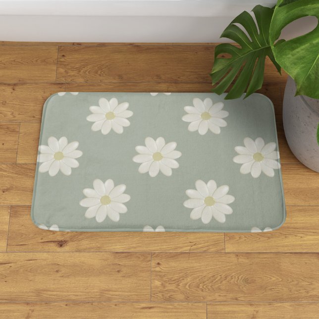 Cream Daisy Sage Grönt Modern Blommigt Bath Mat Badrumsmatta (A pretty sage and cream daisy bath mat.)