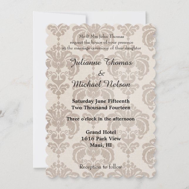 Cream Damask Wedding Inbjudningar (Framsida)