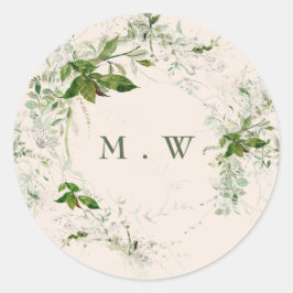 Cream Elegant Eucalyptus Utandning Monogram Bröllo Runt Klistermärke