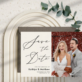 Cream Elegant Script Modern Photo Simple Bröllop Spara Datumet