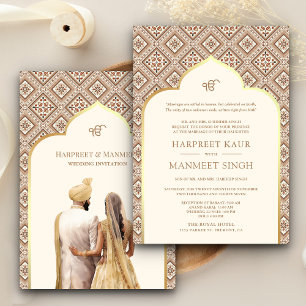 Cream Elfenbensvit Guld Punjabi Anand Karaj Sikh B Inbjudningar