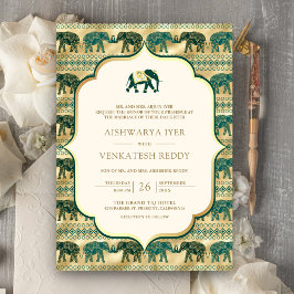 Cream Emerald Elephant All in One Indian Bröllop Inbjudningar