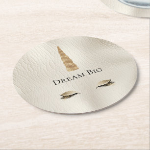 Cream Faux Leather Guld Gnistra Glam Unicorn Underlägg Papper Rund