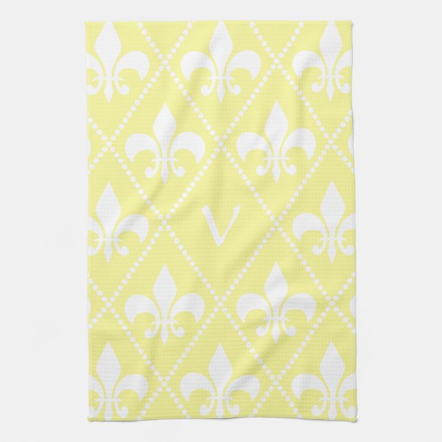 Cream Fleur de Lis med ett första monogram Kökshandduk (Vertikal)