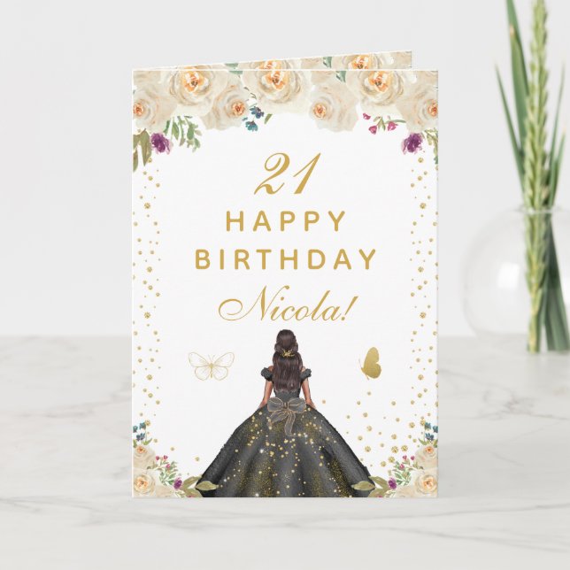 Cream Floral Dark Skin Girl Birthday Kort (Framsida)