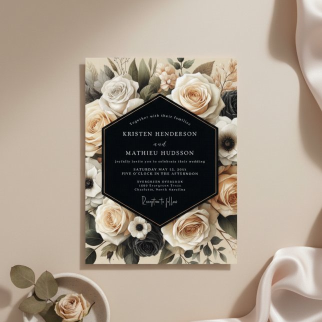 Cream Floral Nocturne Wedding Inbjudningar (Skapare uppladdad)