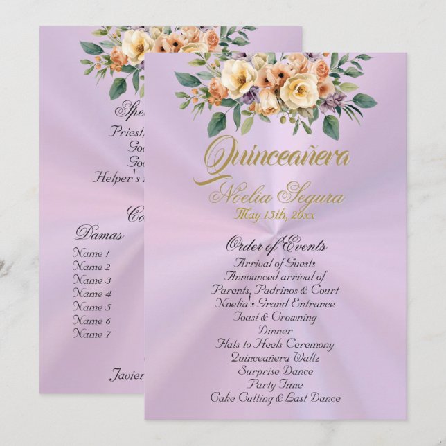 Cream Floral Quinceanera Program - Lavender (Fram/baksida)