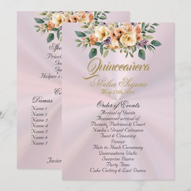 Cream Floral Quinceanera Program - Pastel Pink (Fram/baksida)