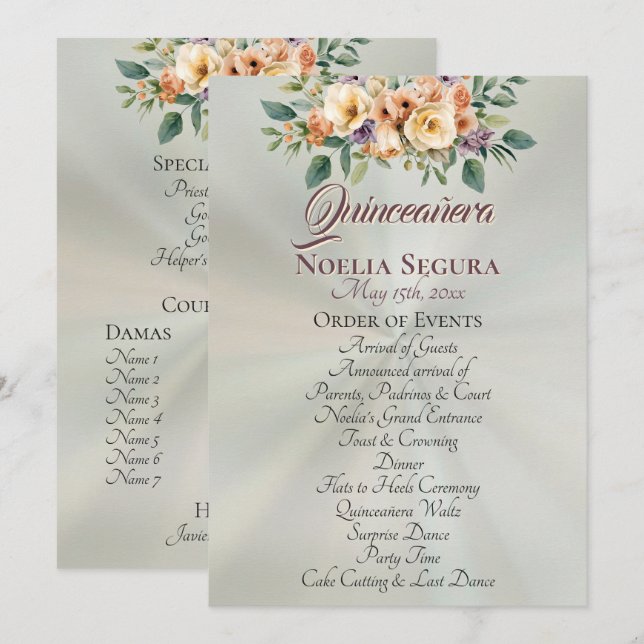 Cream Floral Quinceanera Program - Pastel Sage (Fram/baksida)