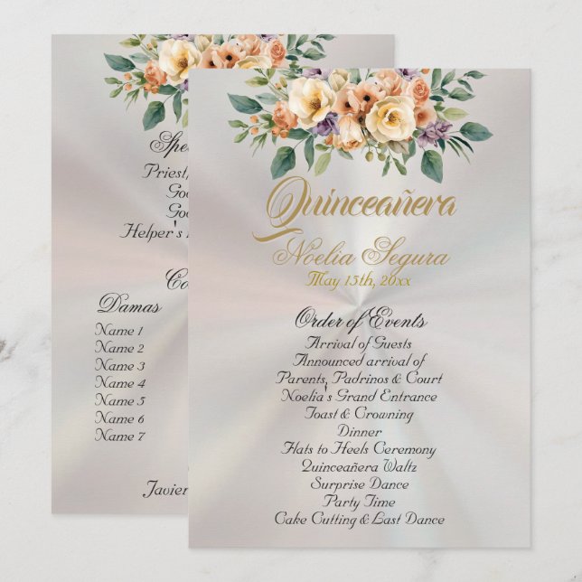 Cream Floral Quinceanera Program - Pearl White (Fram/baksida)