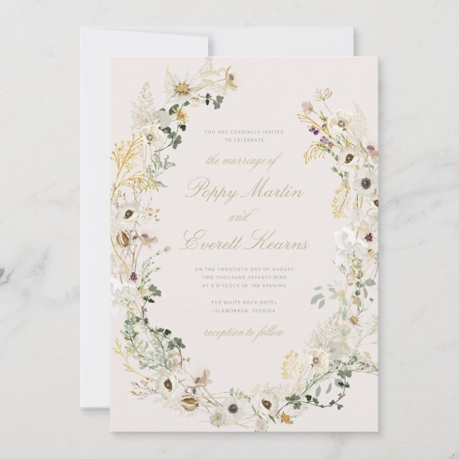 Cream Floral Wildflower Poppy Wedding Invitation Inbjudningar (Framsida)
