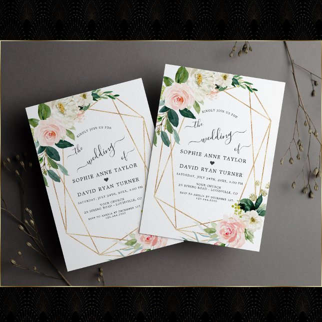  Cream Flowers Guld Calligraphy Bröllop Inbjudningar (Skapare uppladdad)