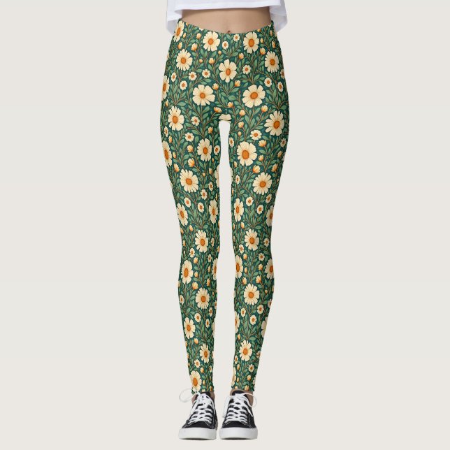 Cream Flowers på Grönt Leggings (Framsida)