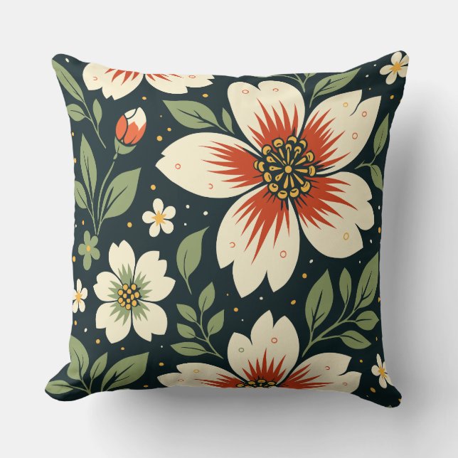 Cream Flowers with Red Centers & Green Leaves Kudde (Framsida)