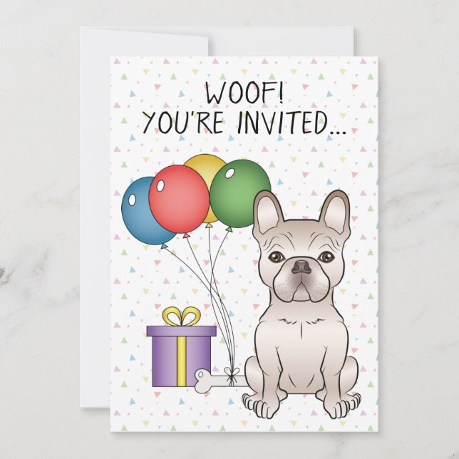 Cream Fransk Bulldog Cute Tecknad hund Birthday Inbjudningar (Framsida)