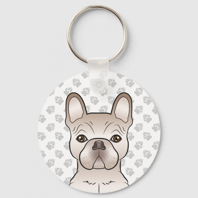 Cream Fransk Bulldog Hund Head & Grått Tass Nyckelring (Framsida)