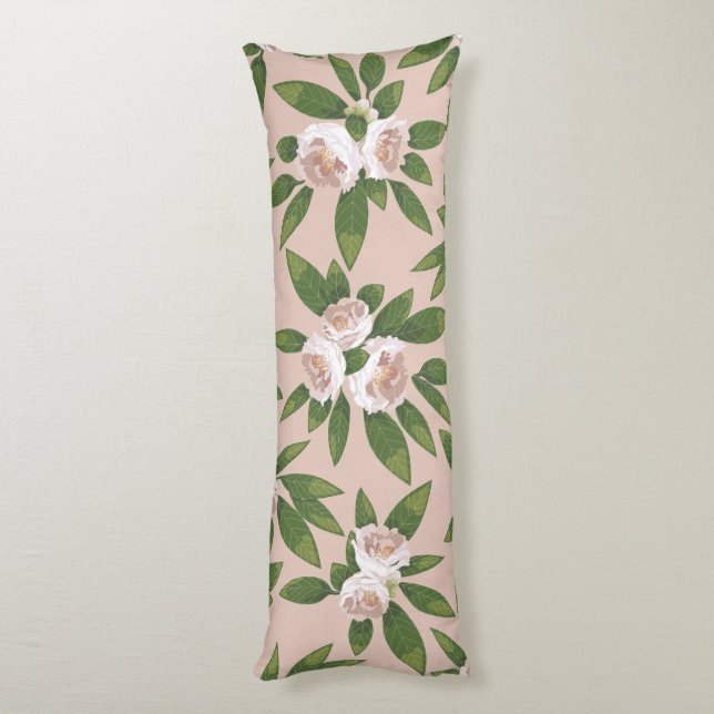 Cream Garden Harmony: Camellias och Greenery Kroppskudde (Baksidan (Vertikal))