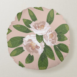 Cream Garden Harmony: Camellias och Greenery Rund Kudde