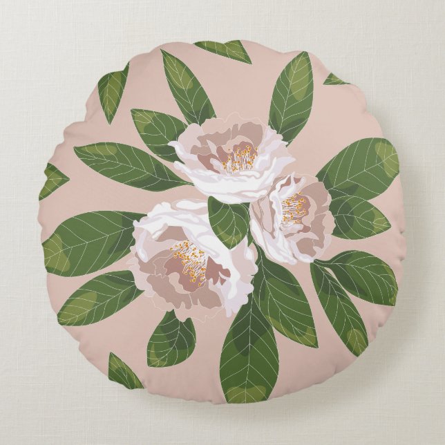 Cream Garden Harmony: Camellias och Greenery Rund Kudde (Framsidan)