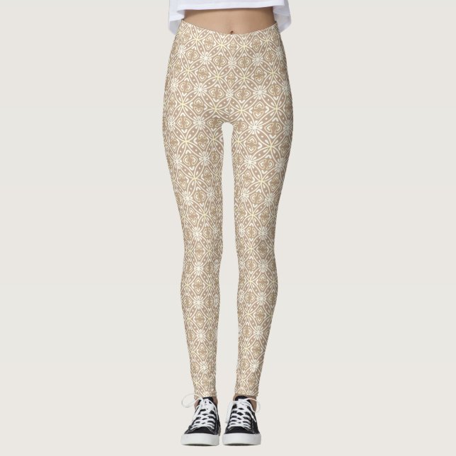 Cream Geometrical Modern Batik Mönster Leggings (Framsida)