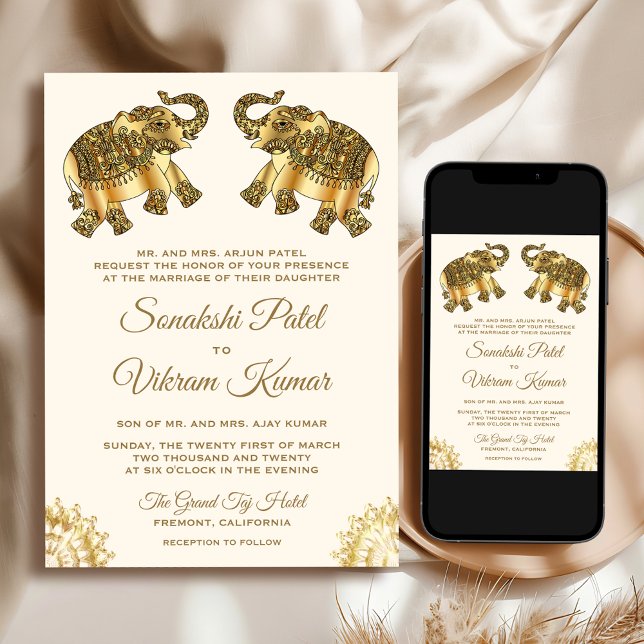 Cream Gold Ethnic Elephants Indian Wedding Inbjudningar (Skapare uppladdad)