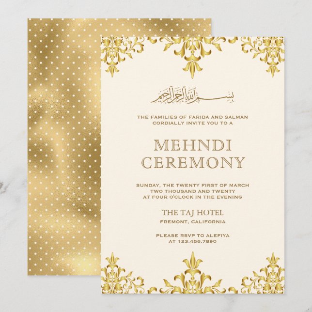 Cream Gold Foil Damask Islamic Bröllop Mehndi Inbjudningar (Fram/baksida)