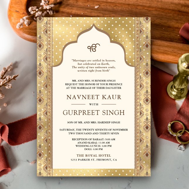 Cream Gold QR-kod Anand Karaj Sikh Bröllop Inbjudningar (Skapare uppladdad)