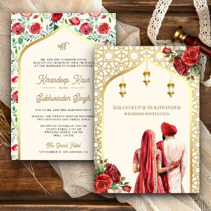 Cream Gold Röda Rosor Anand Karaj Sikh Bröllop Inbjudningar