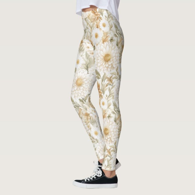 Cream Gold White Country Flowers Leggings (Vänster)