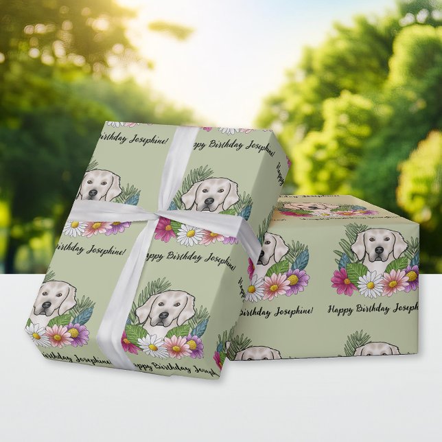 Cream Golden Retriever Blommigt Grattis på födelse Presentpapper (Skapare uppladdad)