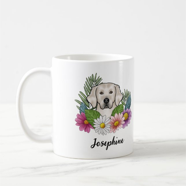 Cream Golden Retriever Colorful Flowers och Namn Kaffemugg (Vänster)