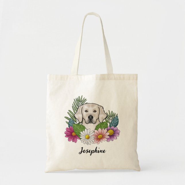 Cream Golden Retriever Colorful Flowers och Namn Tygkasse (Framsidan)