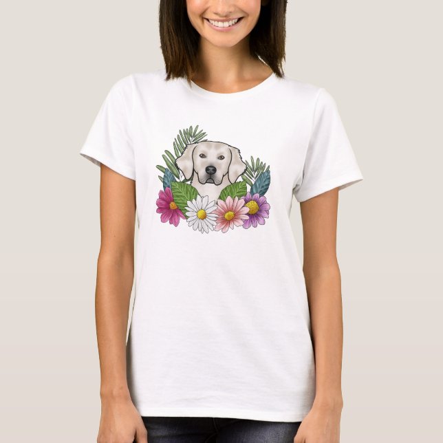 Cream Golden Retriever Head med färgade blommor T Shirt (Framsida)