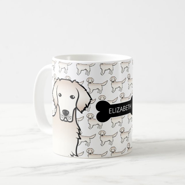 Cream Golden Retriever Hund med Hund Bone & Namn Kaffemugg (Framsida vänster)