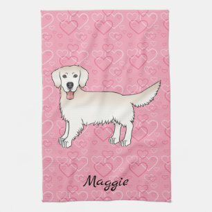 Cream Golden Retriever on Rosa Hearts & Namn Kökshandduk