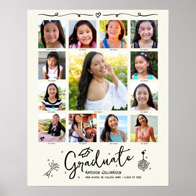 Cream Graduation K–12 Photo Collage Black Doodles Poster (Framsidan)
